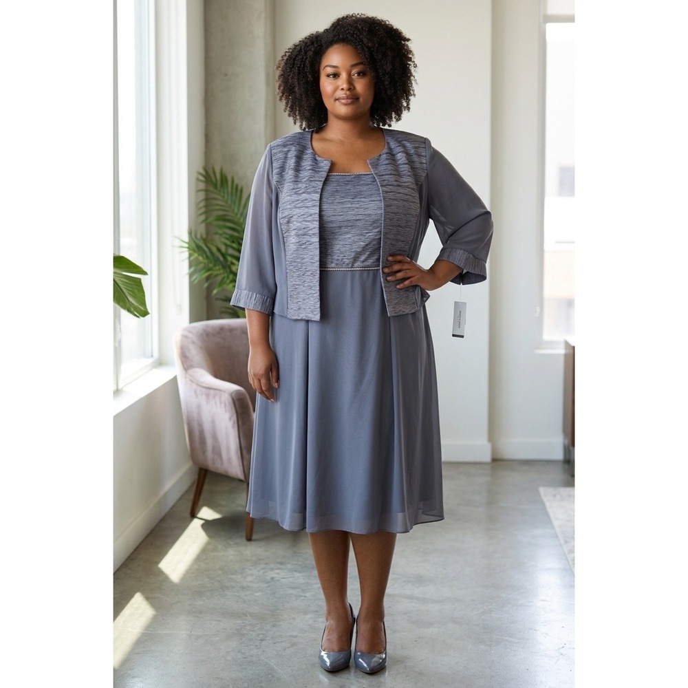 NWT Le Bos 24W Gunmetal Gray 2pc Sleeveless Dress & Jacket Set Formal Wedding 24
